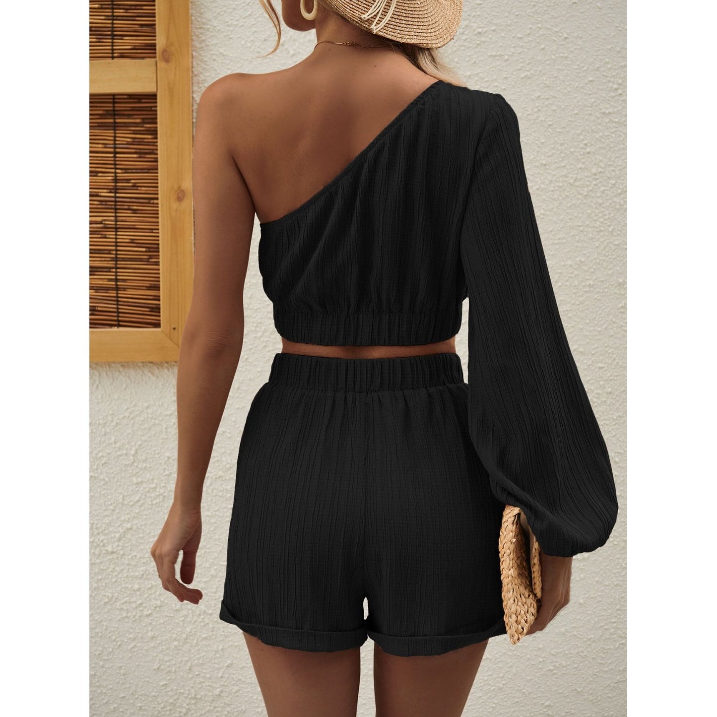 Honey One Shoulder Long Sleeve Top and Shorts Set