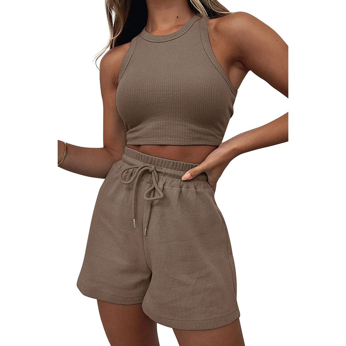 Round Neck Top and Drawstring Shorts Set