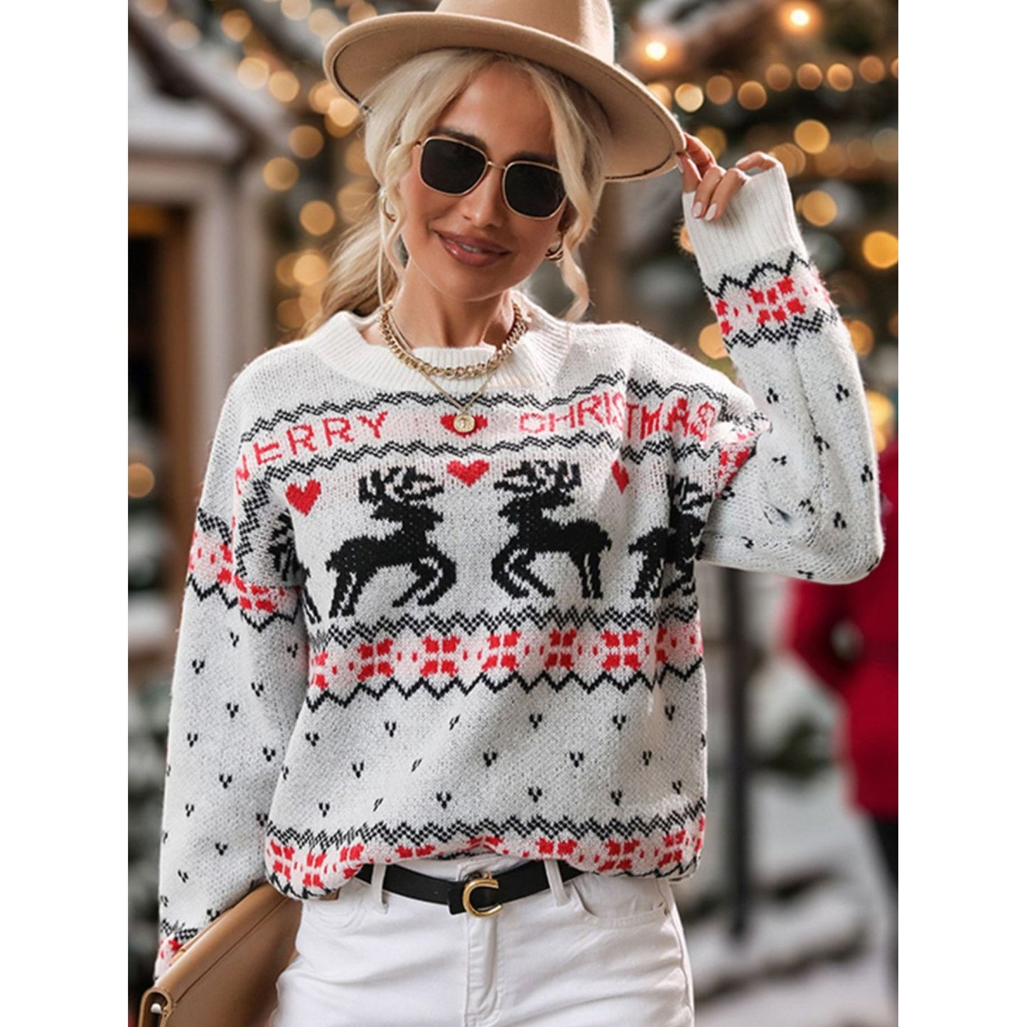 Perfee Reindeer Round Neck Long Sleeve Sweater