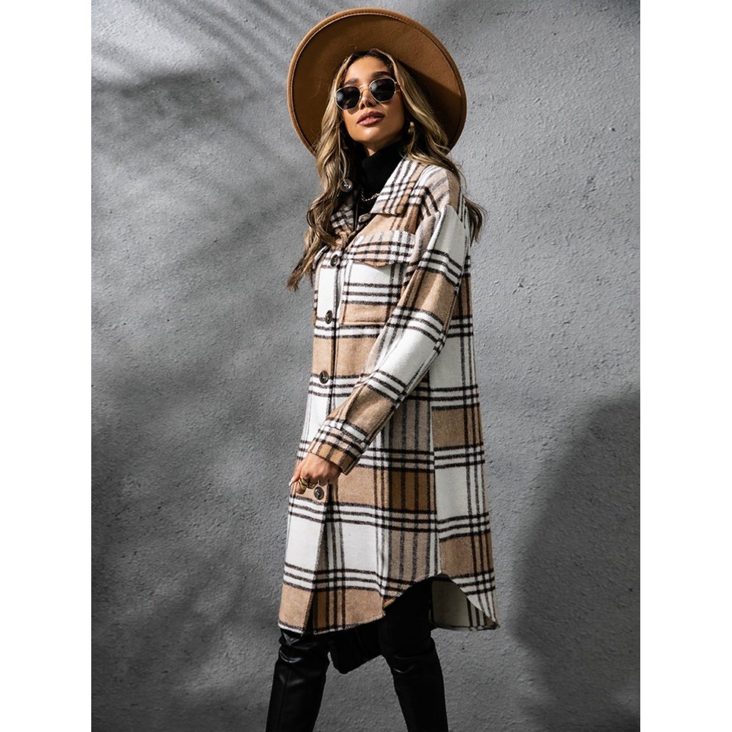 Plaid Collared Neck Long Sleeve Coat