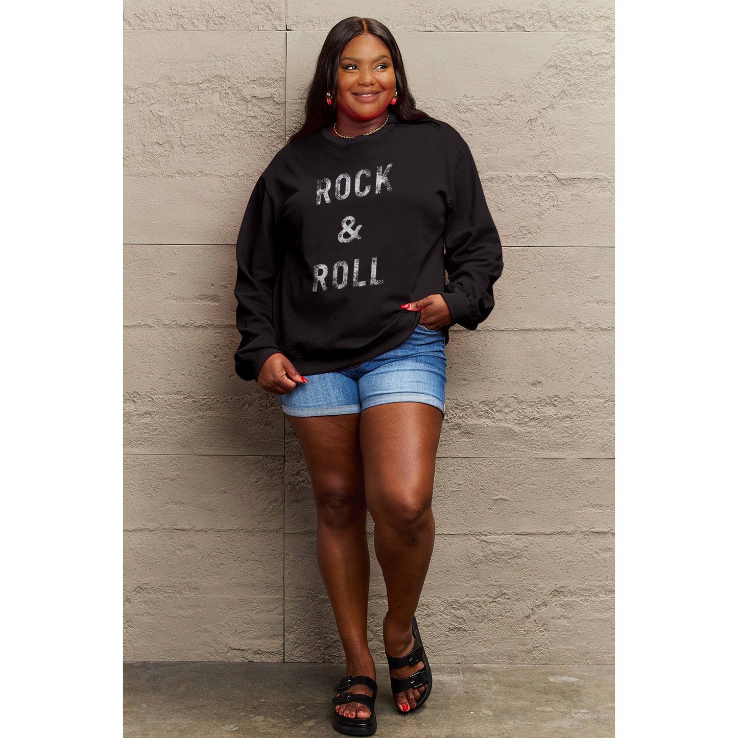 Simply Love Full Size ROCK & ROLL Round Neck Sweatshirt