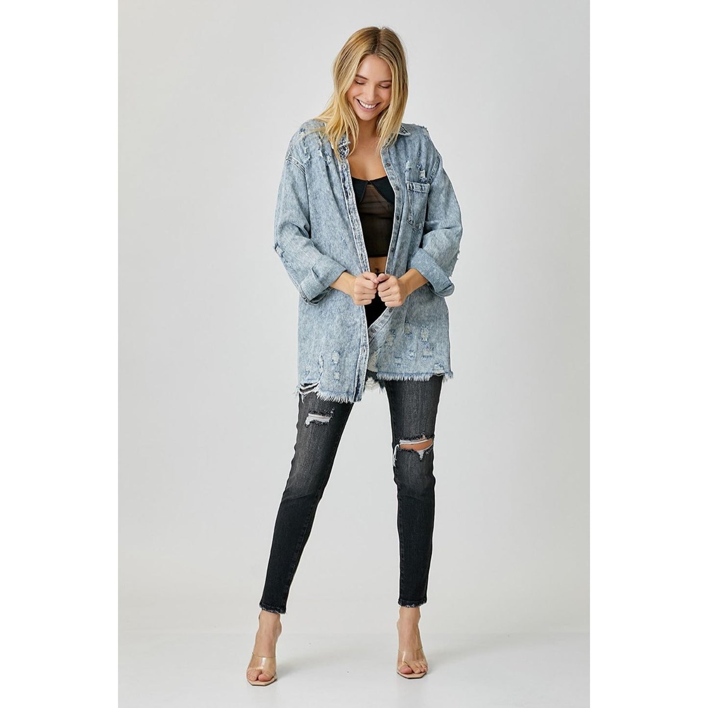 RISEN Distressed Raw Hem Denim Shirt