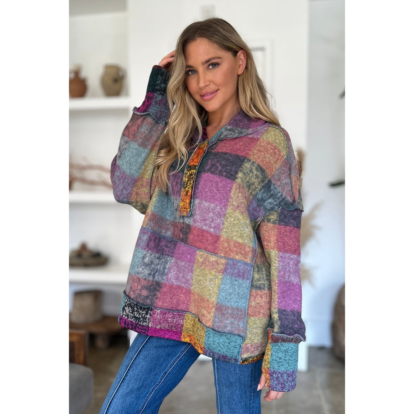 Double Take Full Size Plaid Dropped Shoulder Hoodie