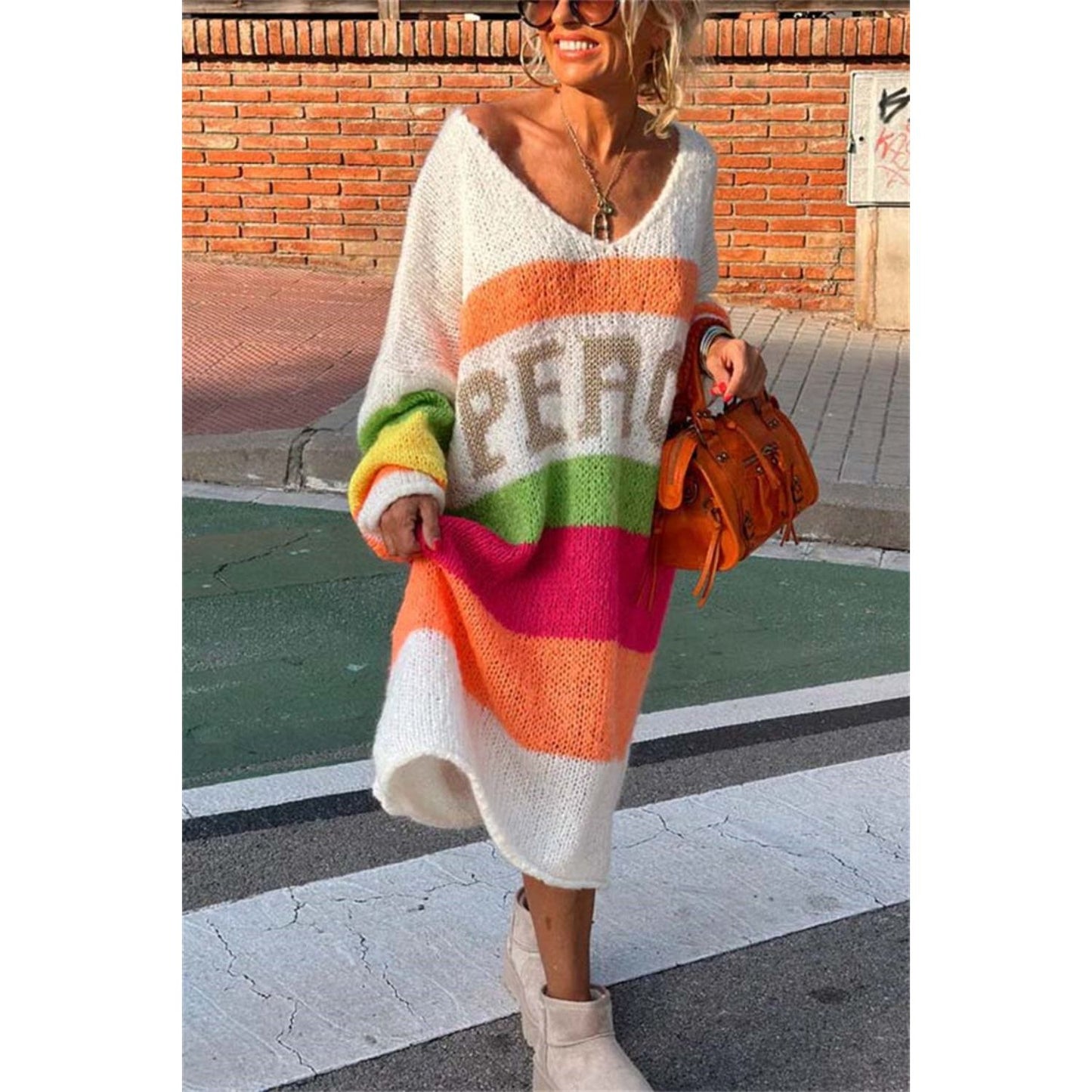 Color Block V-Neck Long Sleeve Sweater Dress