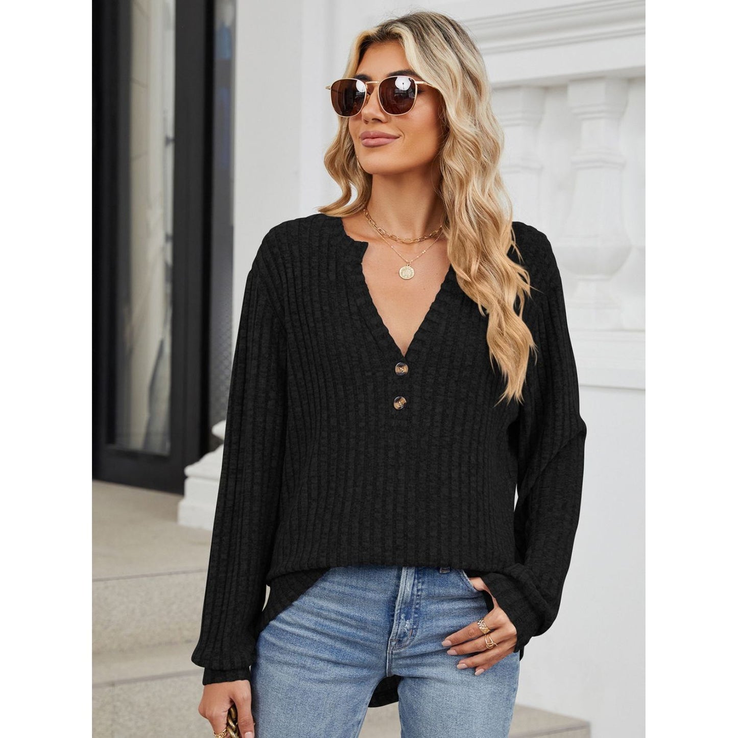 Ribbed Notched Long Sleeve T-Shirt