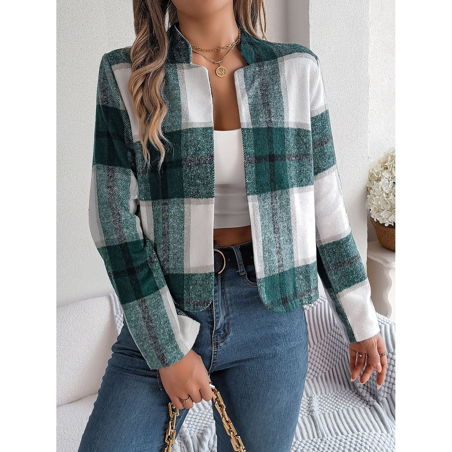 Plaid Open Front Long Sleeve Jacket