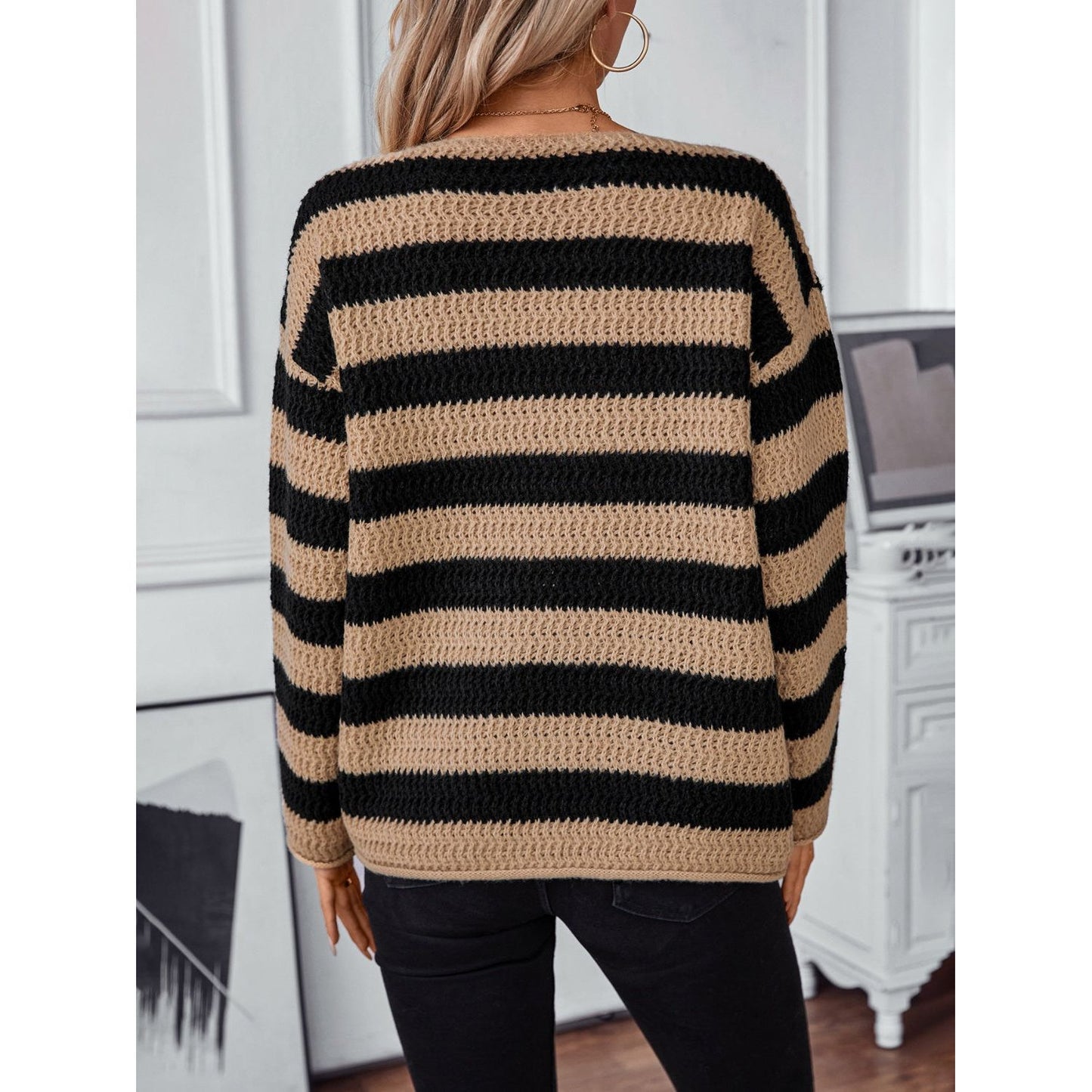 Striped Dropped Shoulder Long Sleeve Sweater