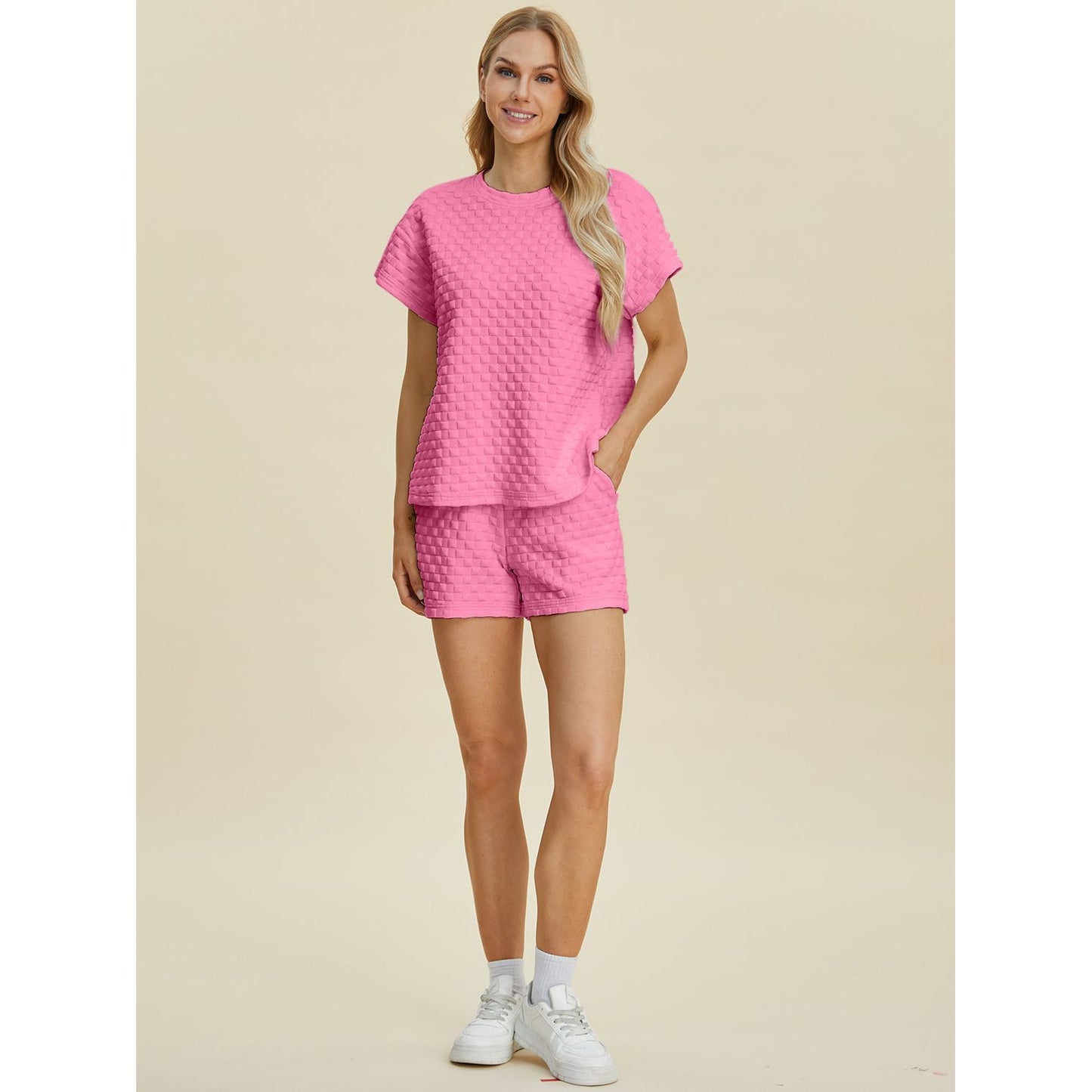 Double Take Full Size Texture T-Shirt and Shorts Set