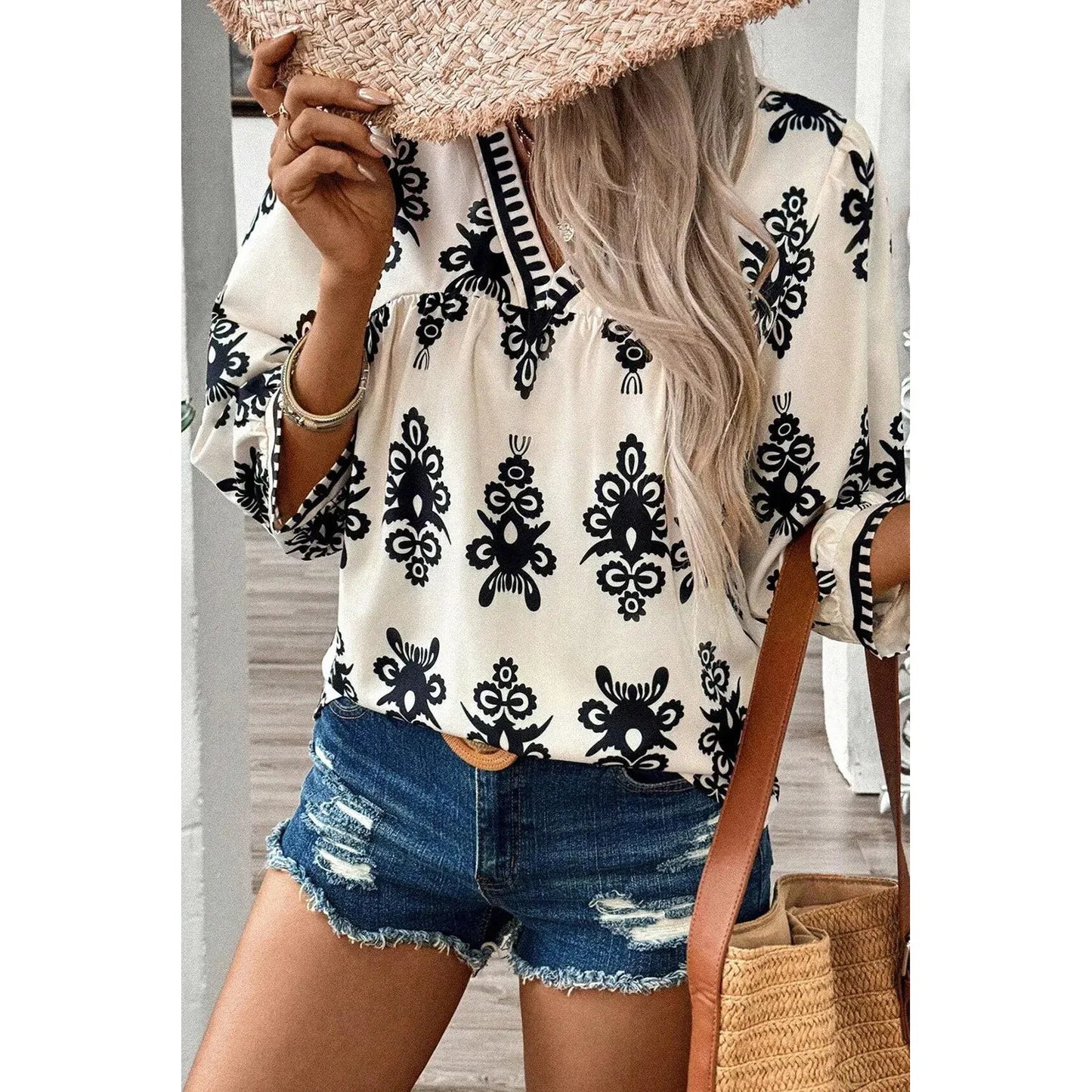 Printed V-Neck Three-Quarter Sleeve Blouse