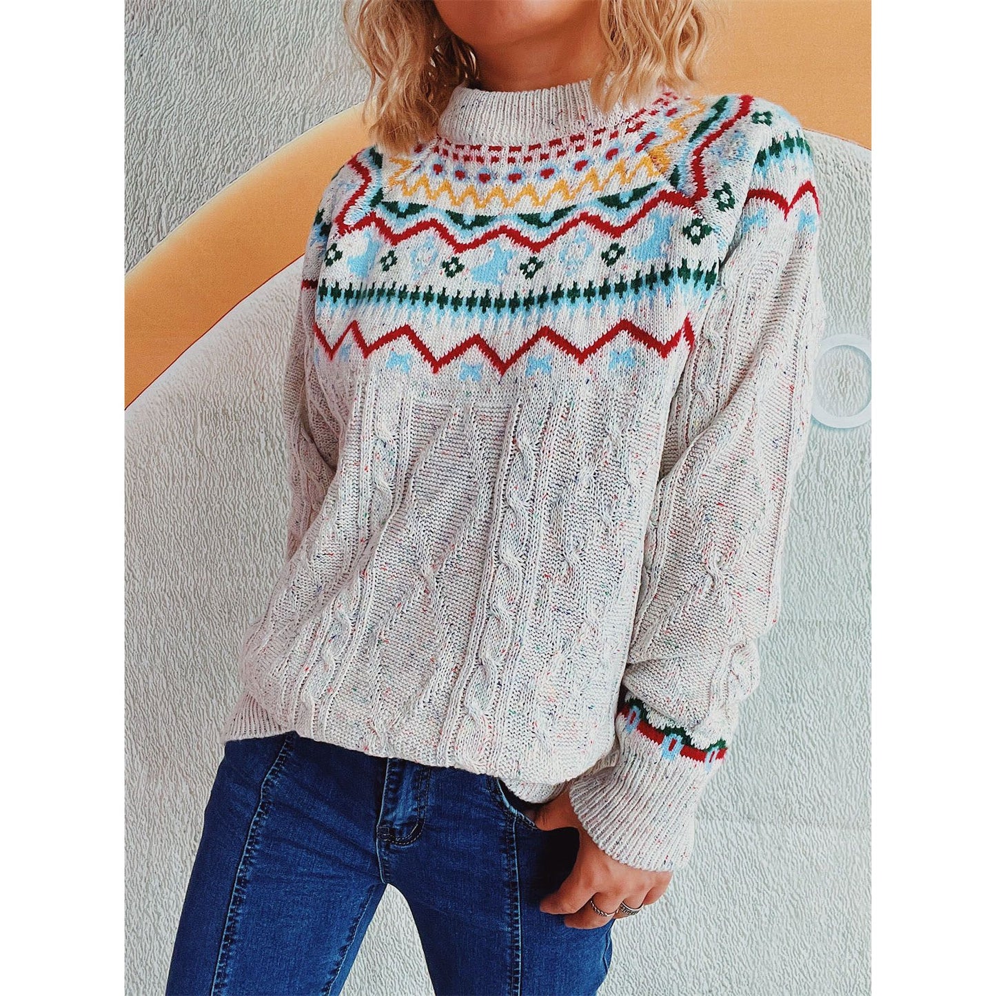 Cable-Knit Mock Neck Long Sleeve Sweater