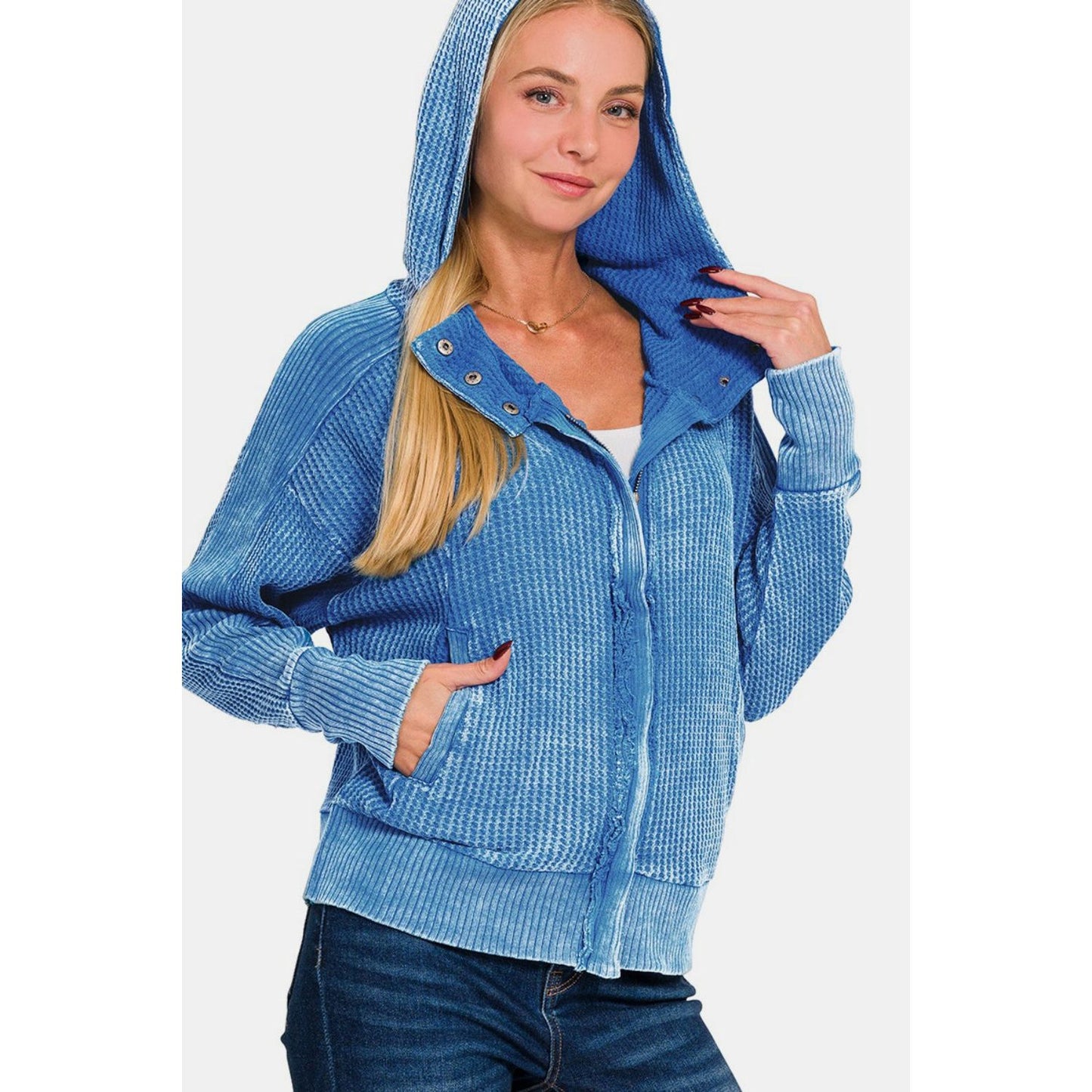 Zenana Washed Zip Up Hooded Jacket