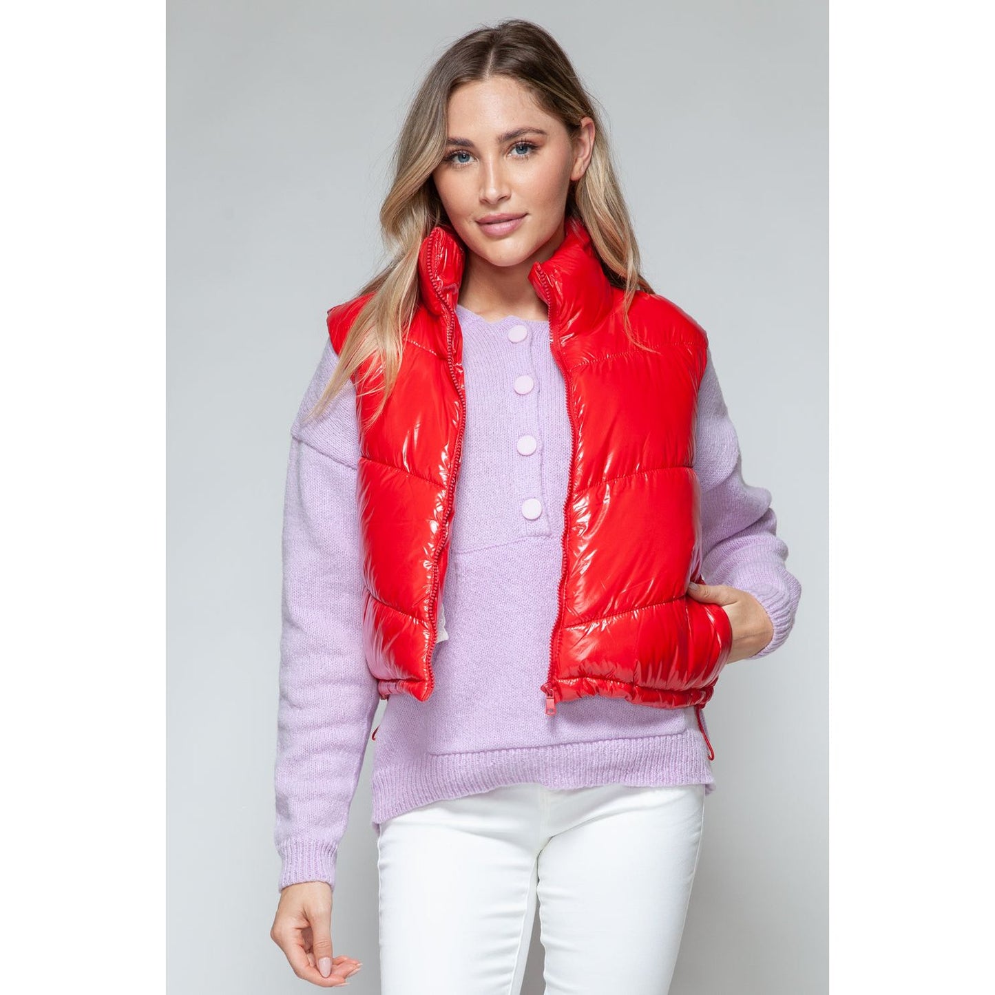 Snobbish Zip Up Turtleneck Shiny Quilted Vest