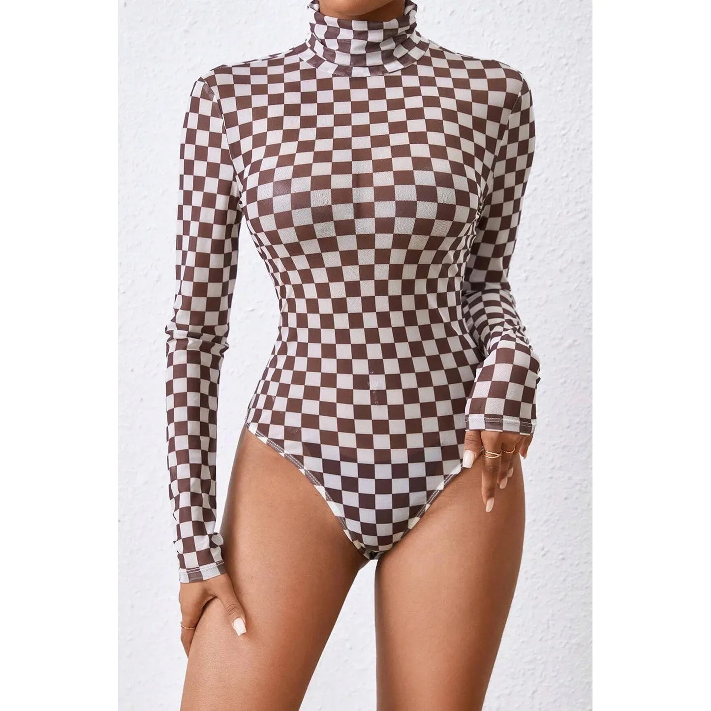 Checkered Turtleneck Long Sleeve Bodysuit