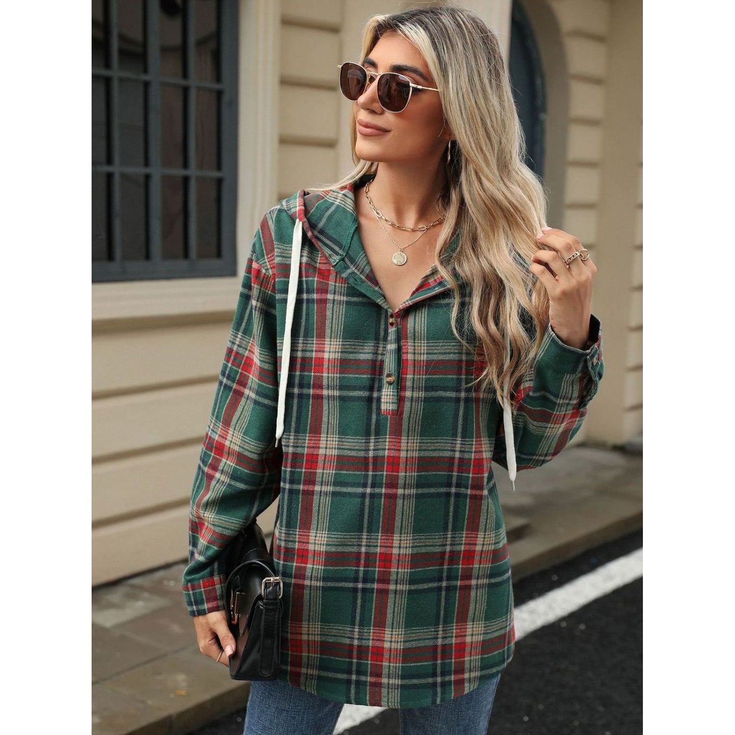 Drawstring Plaid Hooded Long Sleeve Top