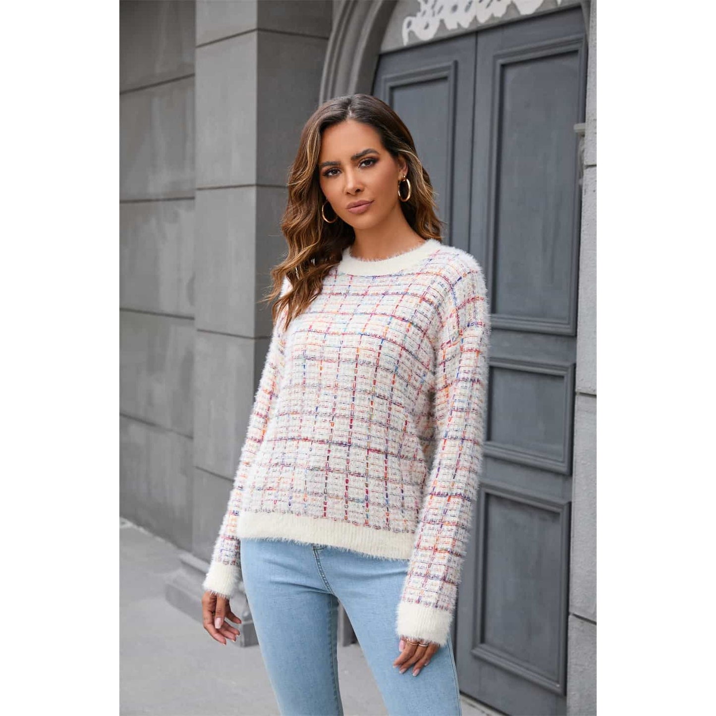 Angel Wings Plaid Round Neck Long Sleeve Pullover Sweater