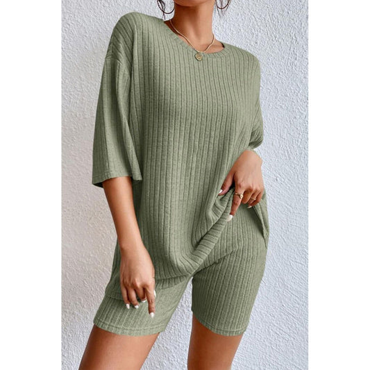 Round Neck Ribbed Top and Shorts Lounge Set