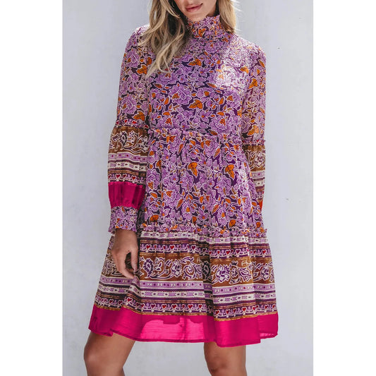 Smocked Floral Turtleneck Long Sleeve Dress