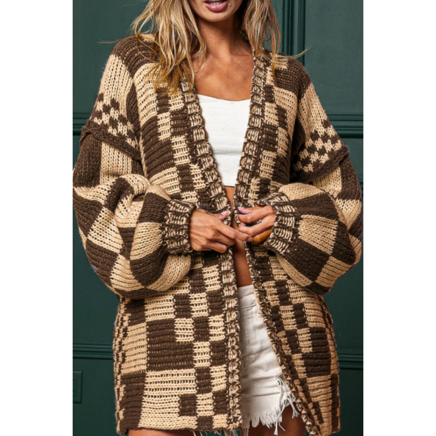 Checkered Open Front Long Sleeve Cardigan