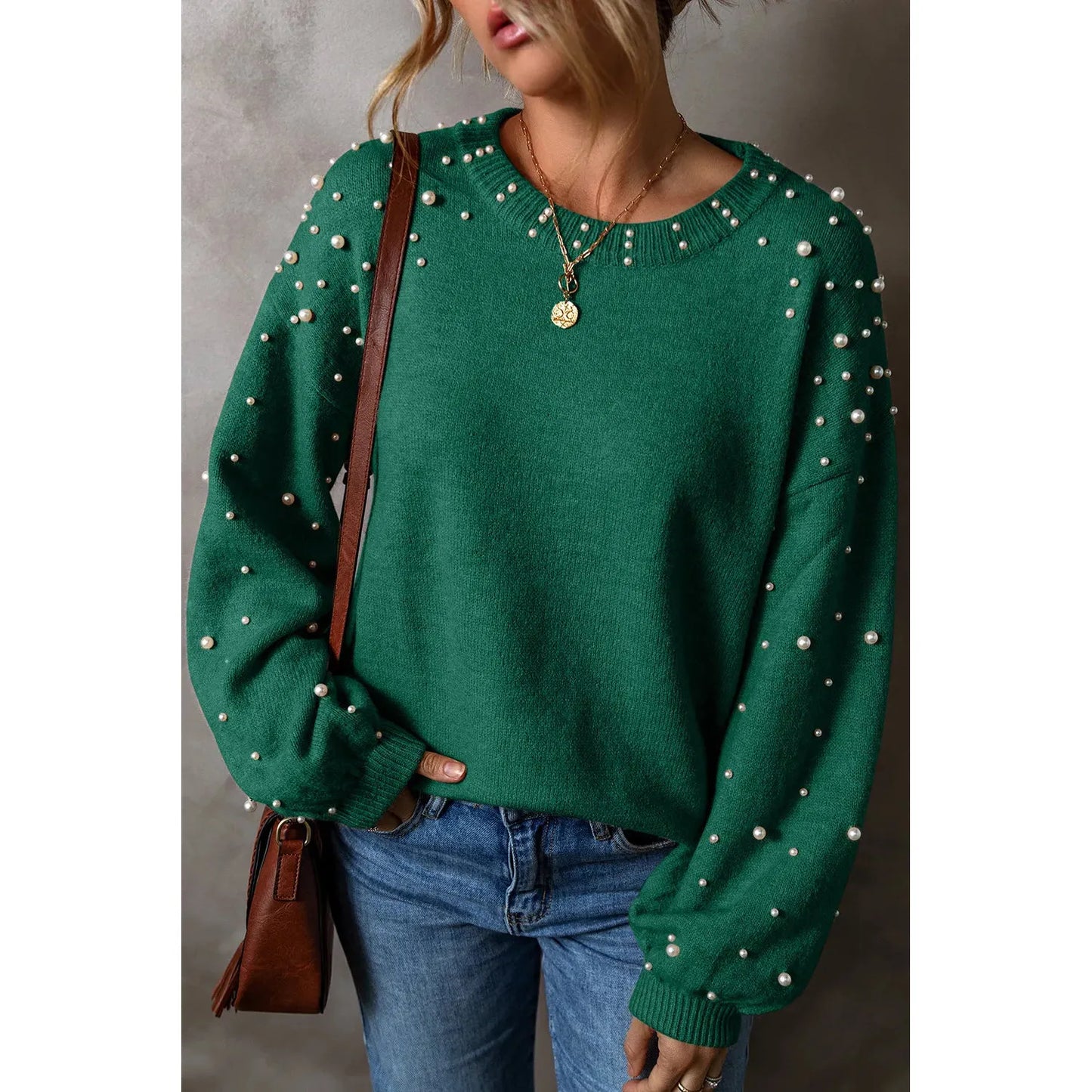 Pearl Detail Round Neck Long Sleeve Sweater