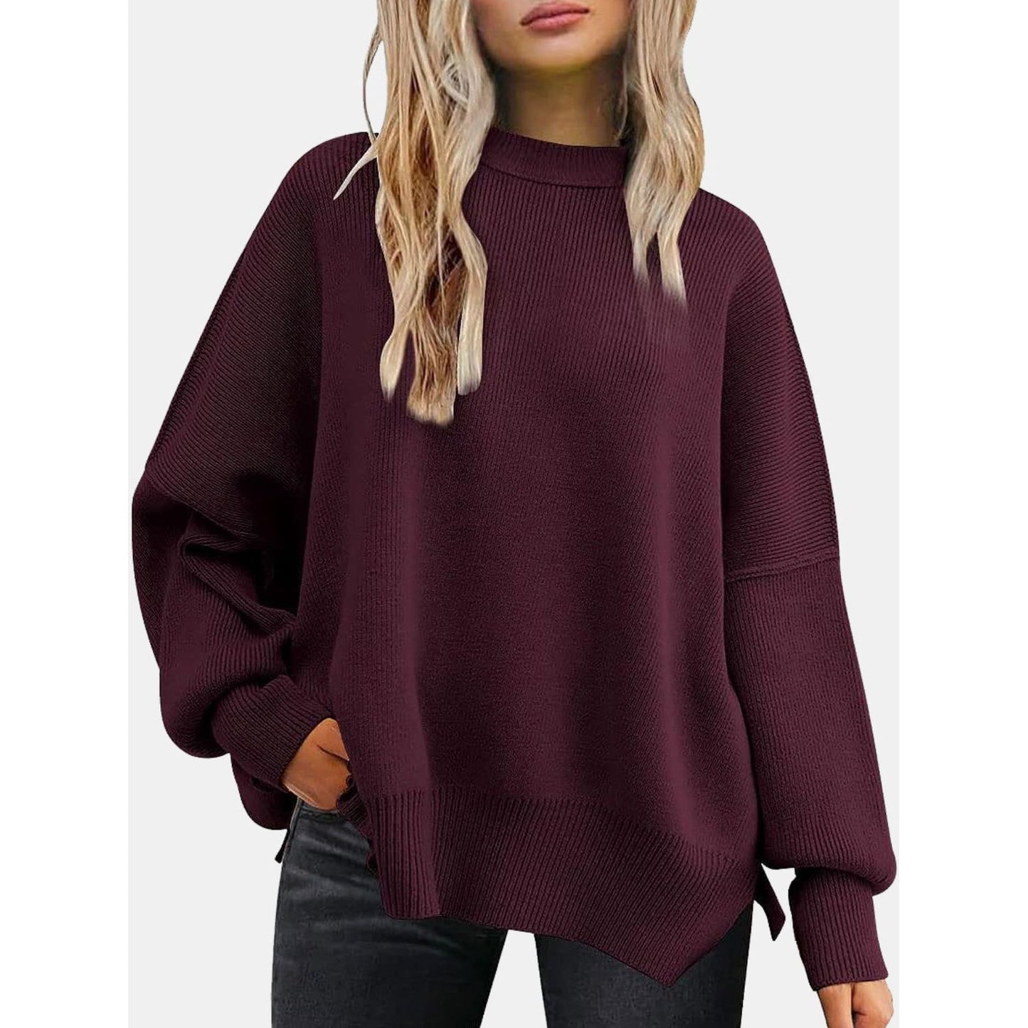 Round Neck Drop Shoulder Slit Sweater