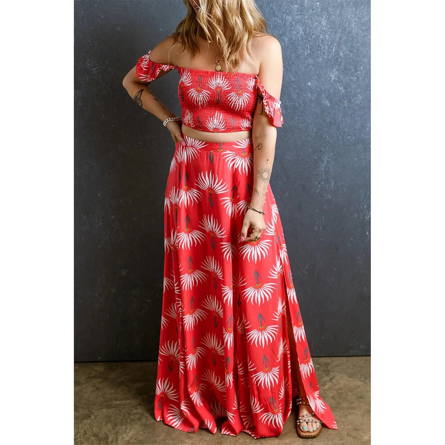 Smocked Off-Shoulder Top and Slit Skirt Set