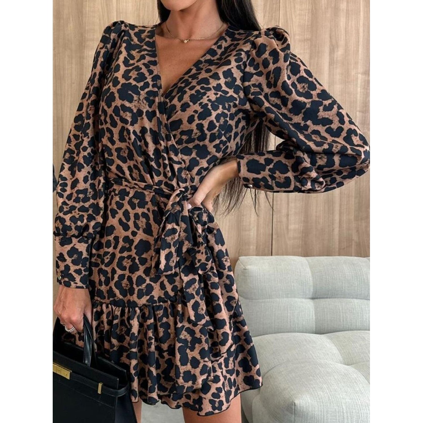 Tied Leopard Surplice Long Sleeve Dress