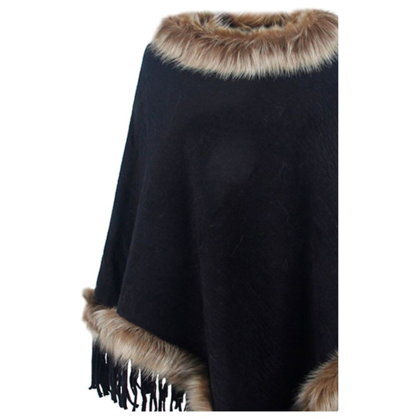 Faux Fur Trim Fringed Poncho