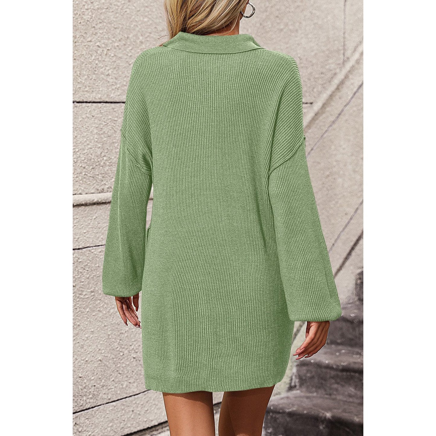 Collared Neck Long Sleeve Sweater Dress with Pockets