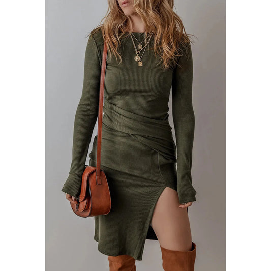 Slit Round Neck Long Sleeve Mini Dress