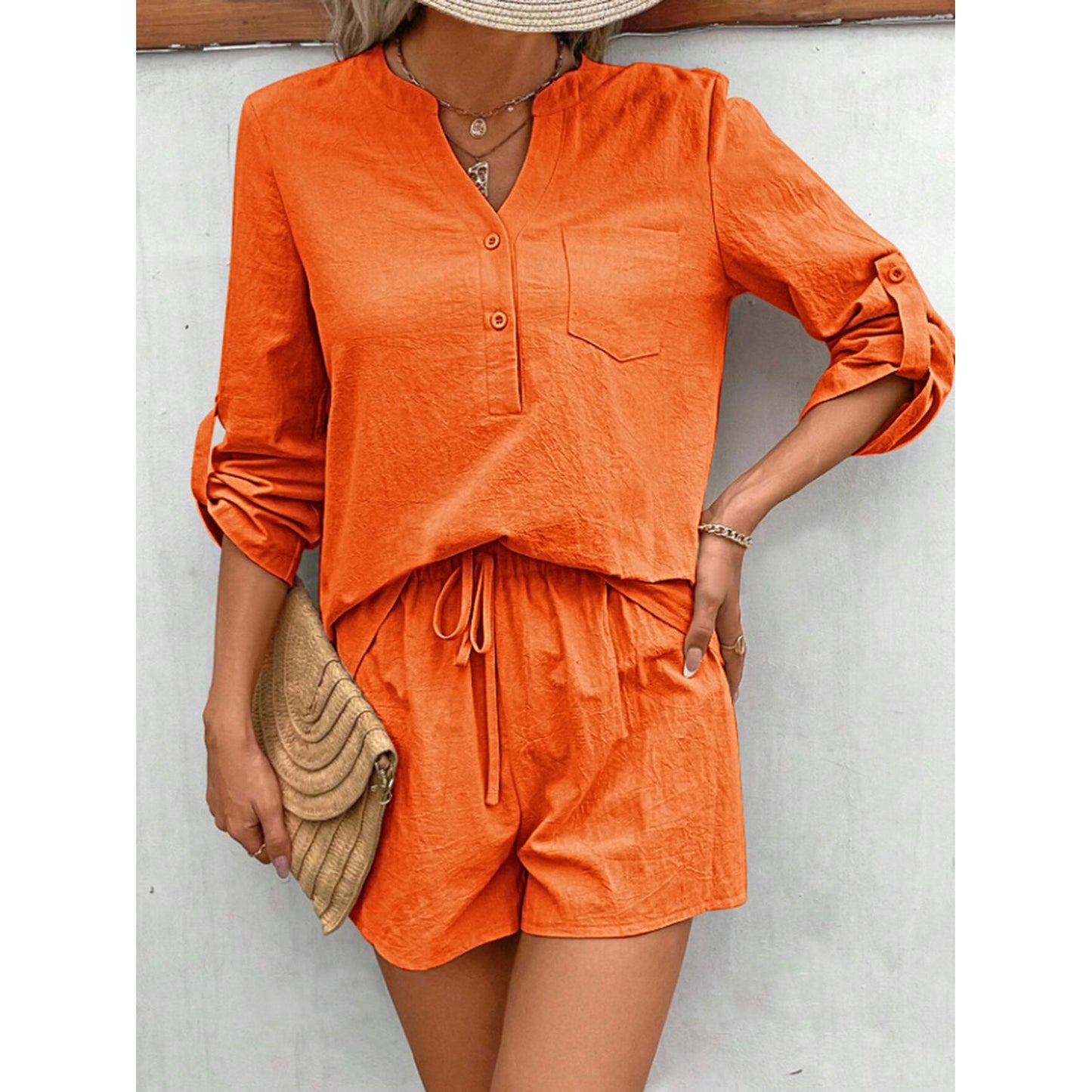 Notched Long Sleeve Top and Shorts Set