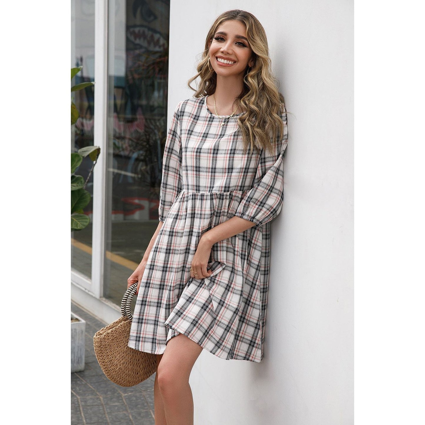 Ivy Lane Plaid Round Neck Mini Dress