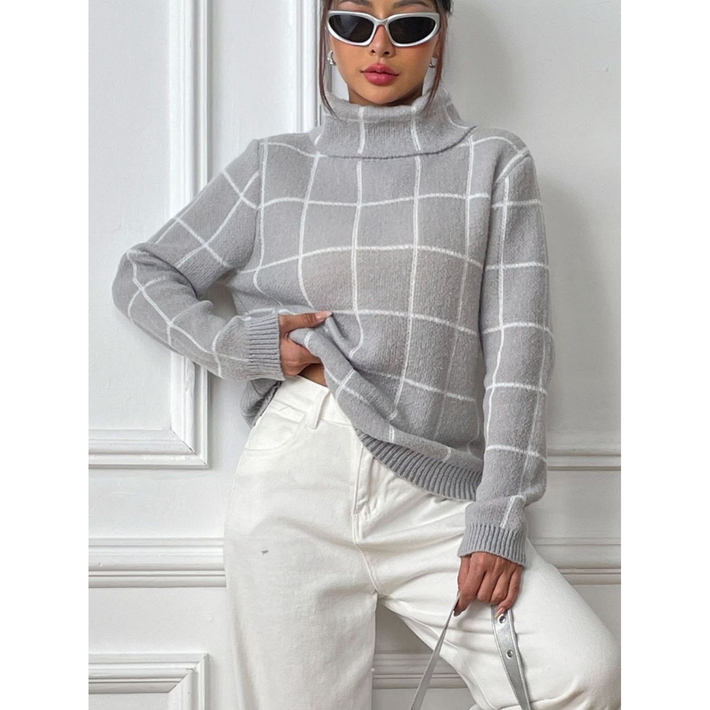 Plaid Turtleneck Long Sleeve Sweater