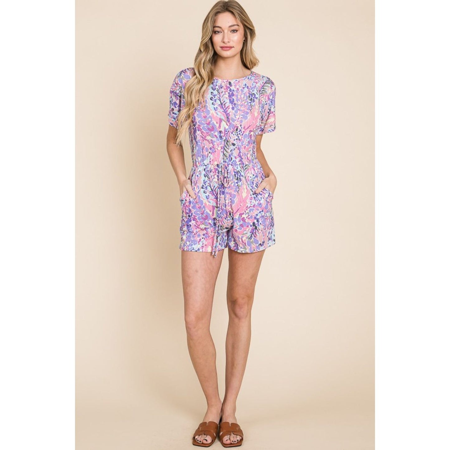 BOMBOM Print Short Sleeve Romper with Pockets