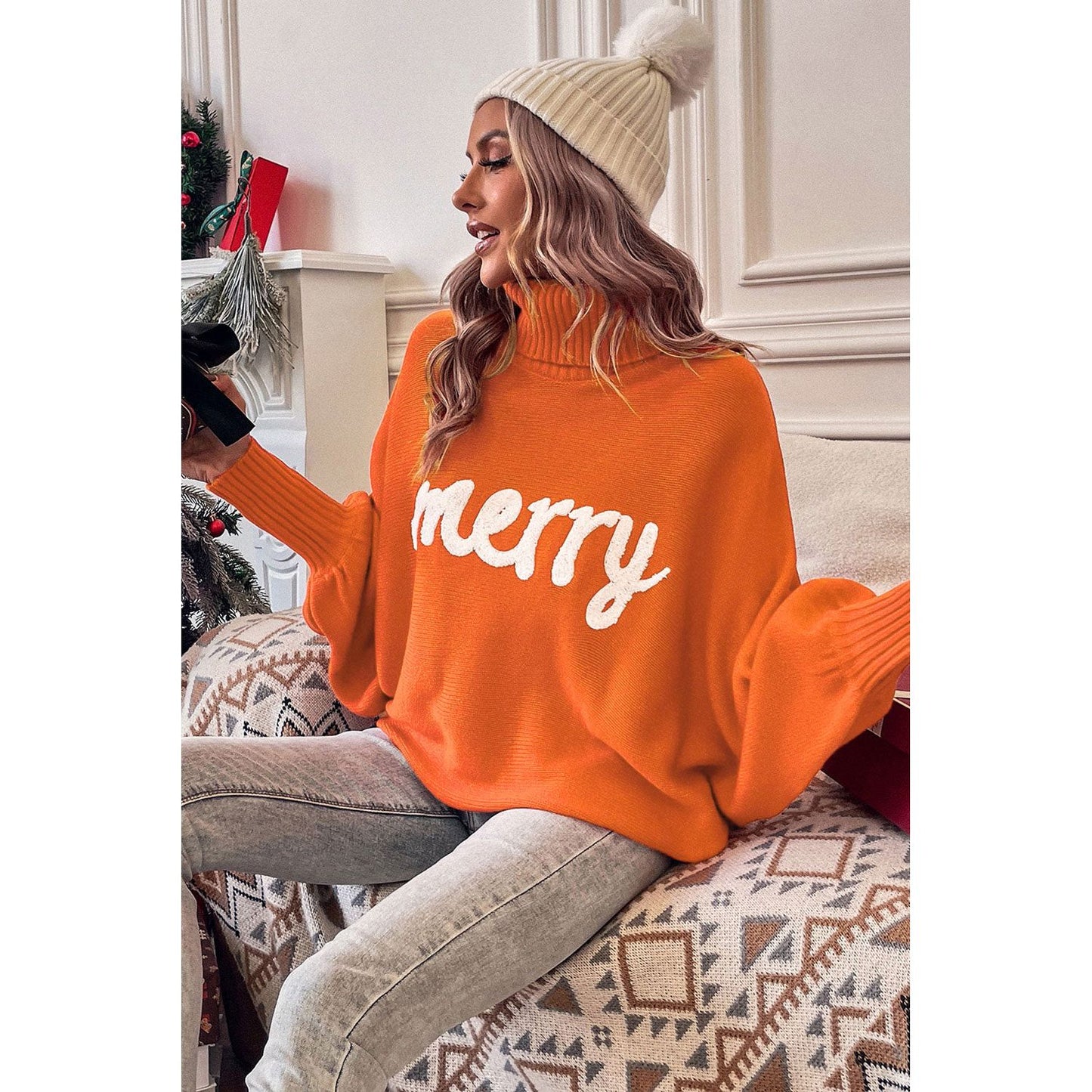 Merry Letter Embroidered High Neck Sweater