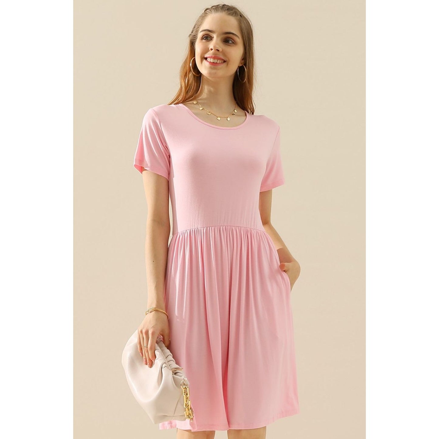 Ninexis Full Size Round Neck Ruched Dress with Pockets