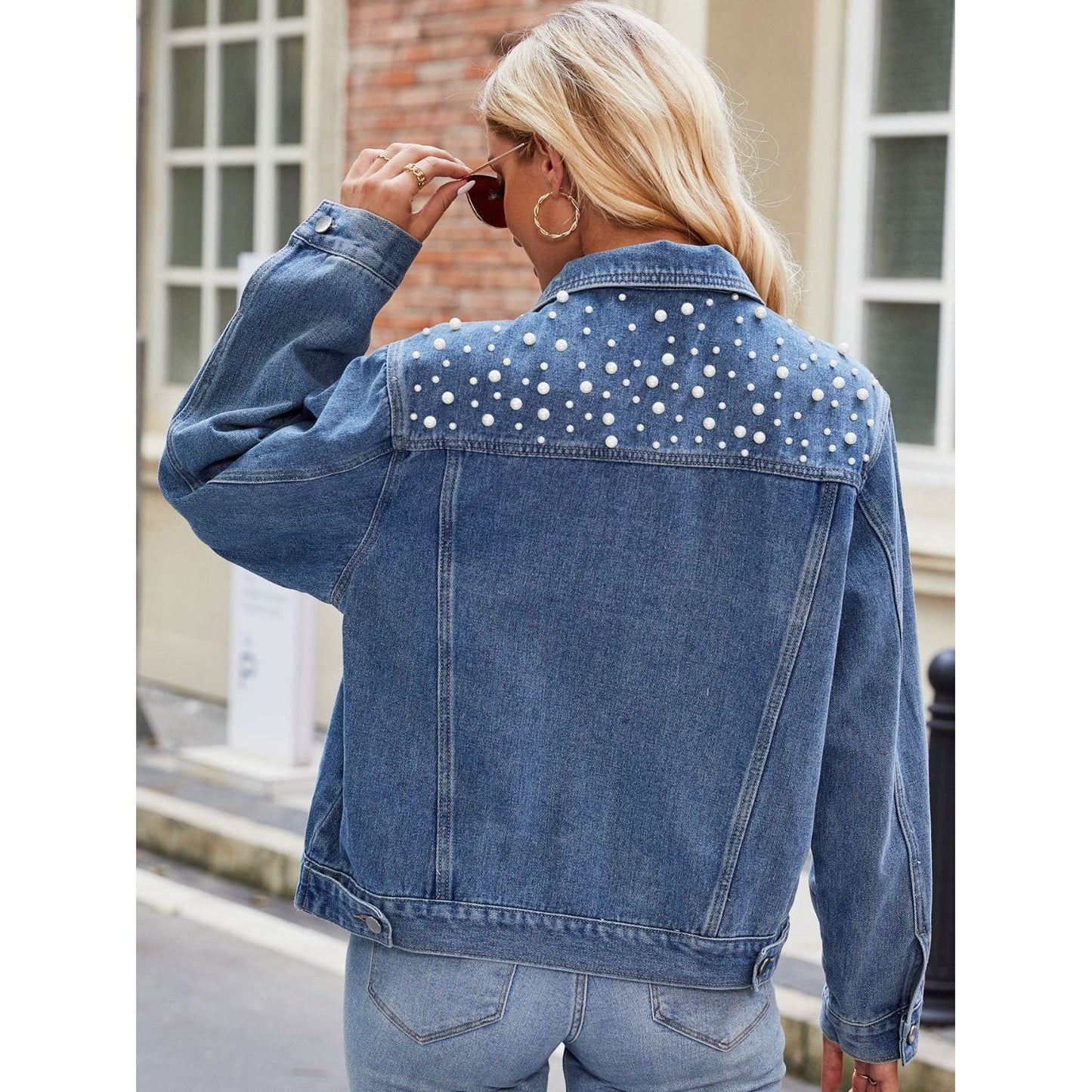 Pearl Detail Collared Neck Long Sleeve Denim Jacket