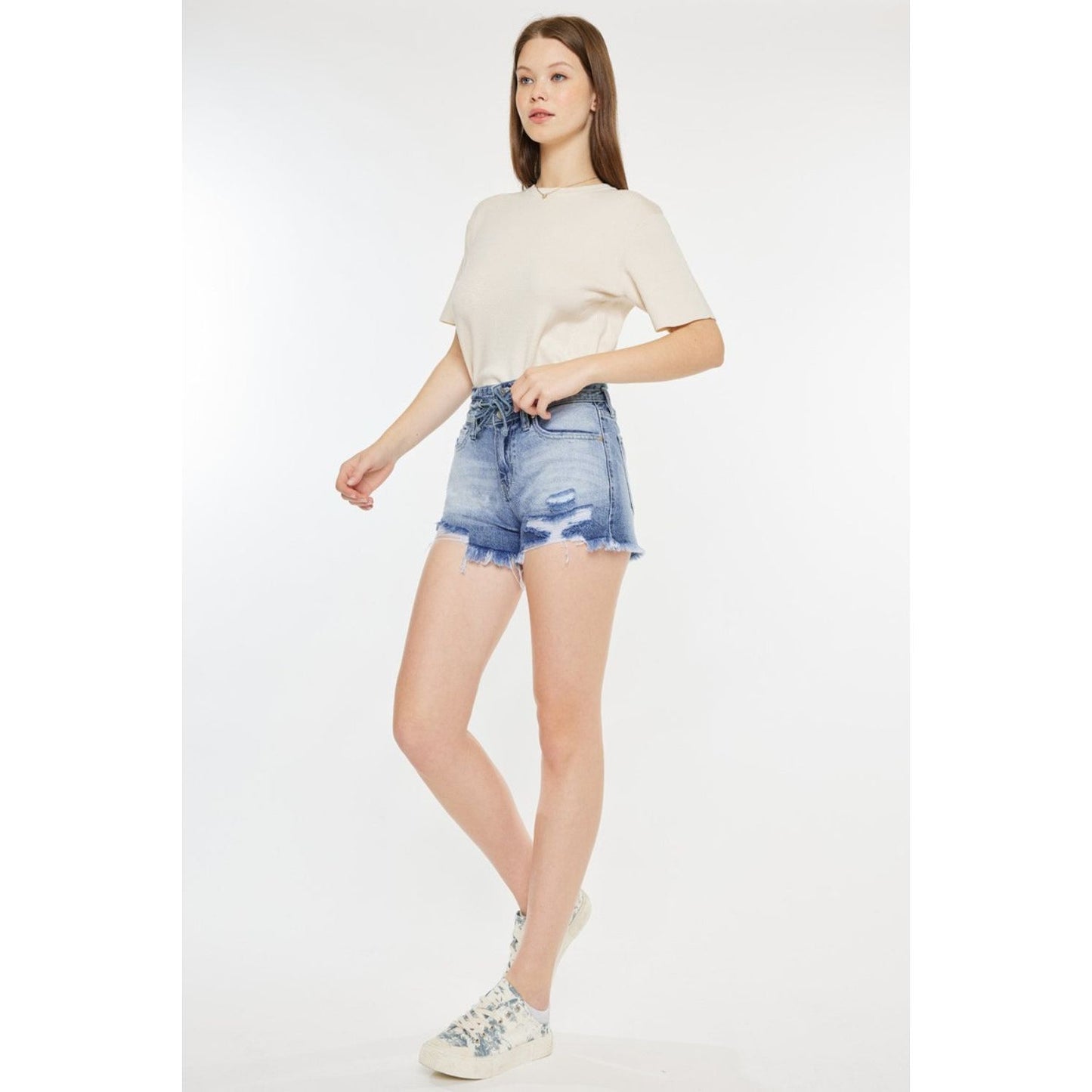 Kancan High Rise Frayed Hem Denim Shorts