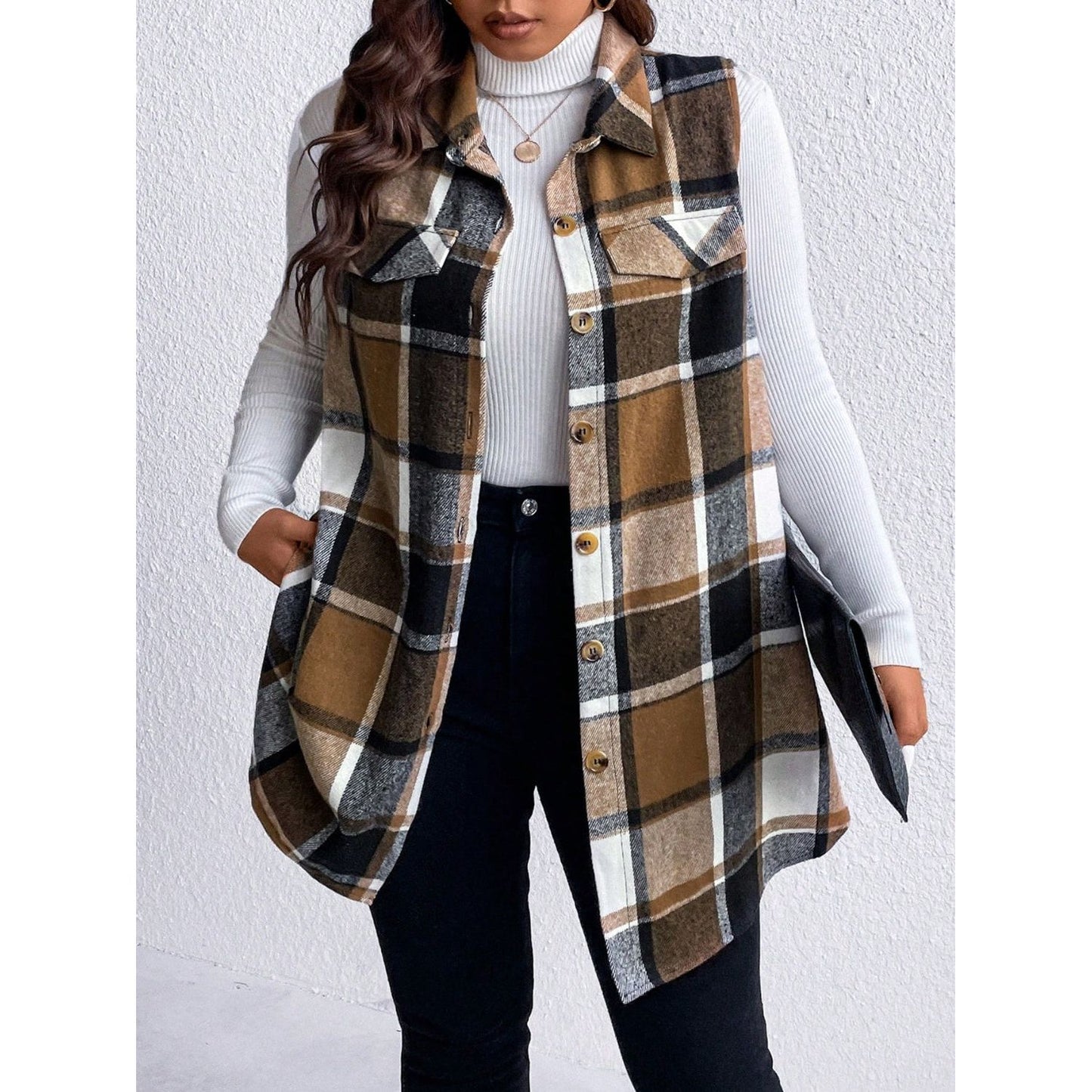 Honey Plus Size Pocketed Plaid Button Up Vest Coat