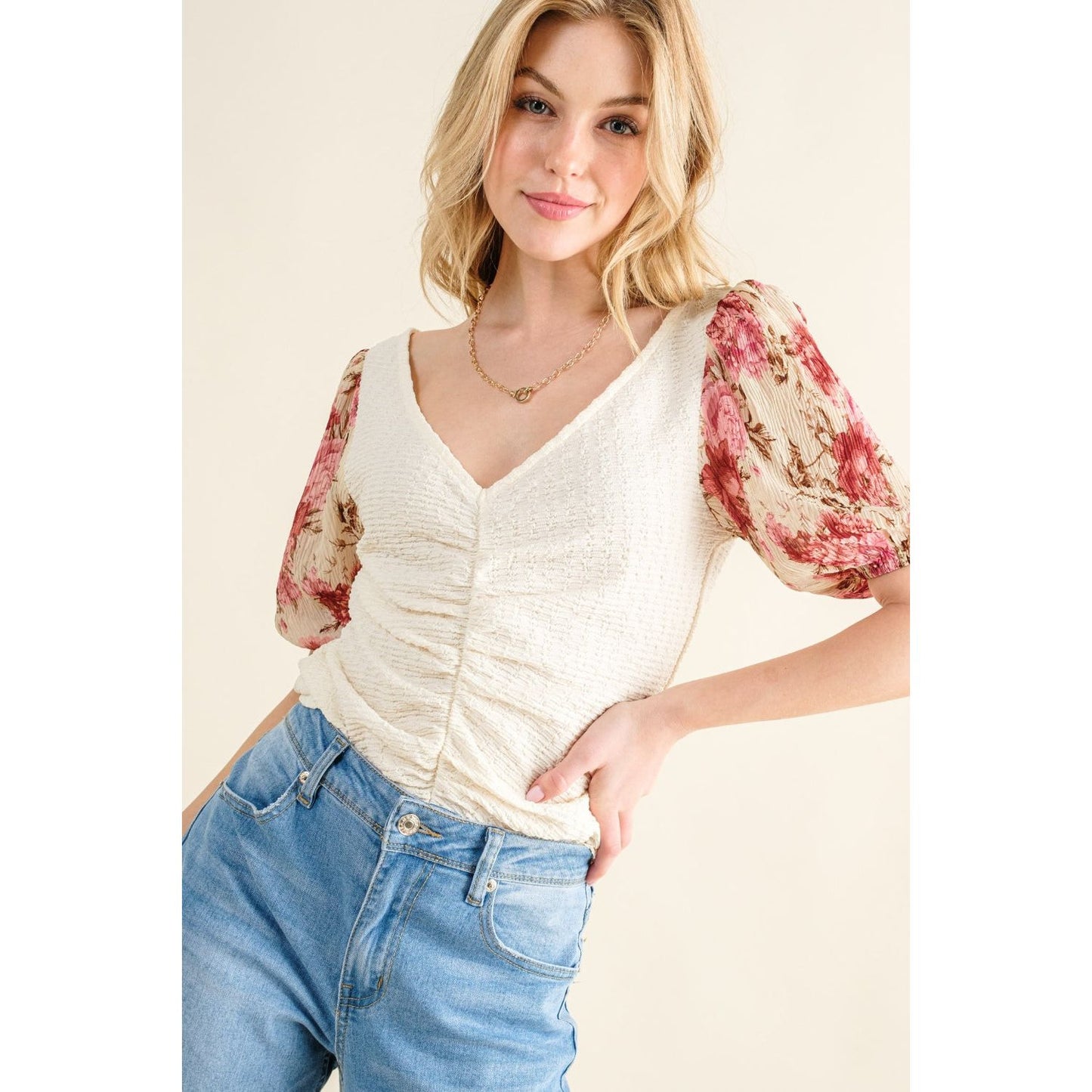 And The Why Full Size Floral Print Textured Sleeve Knit Top