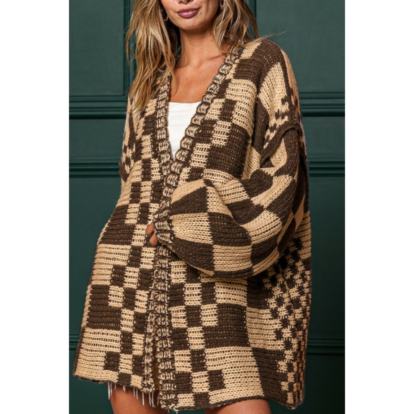 Checkered Open Front Long Sleeve Cardigan