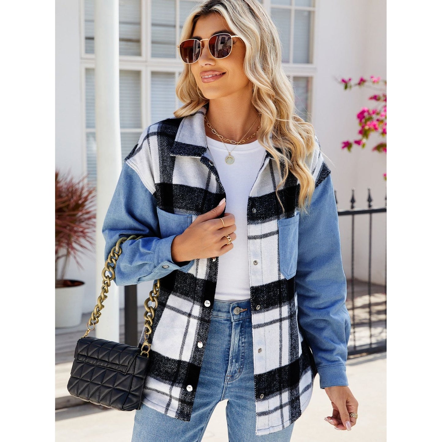 Pocketed Plaid Snap Down Denim Jacket