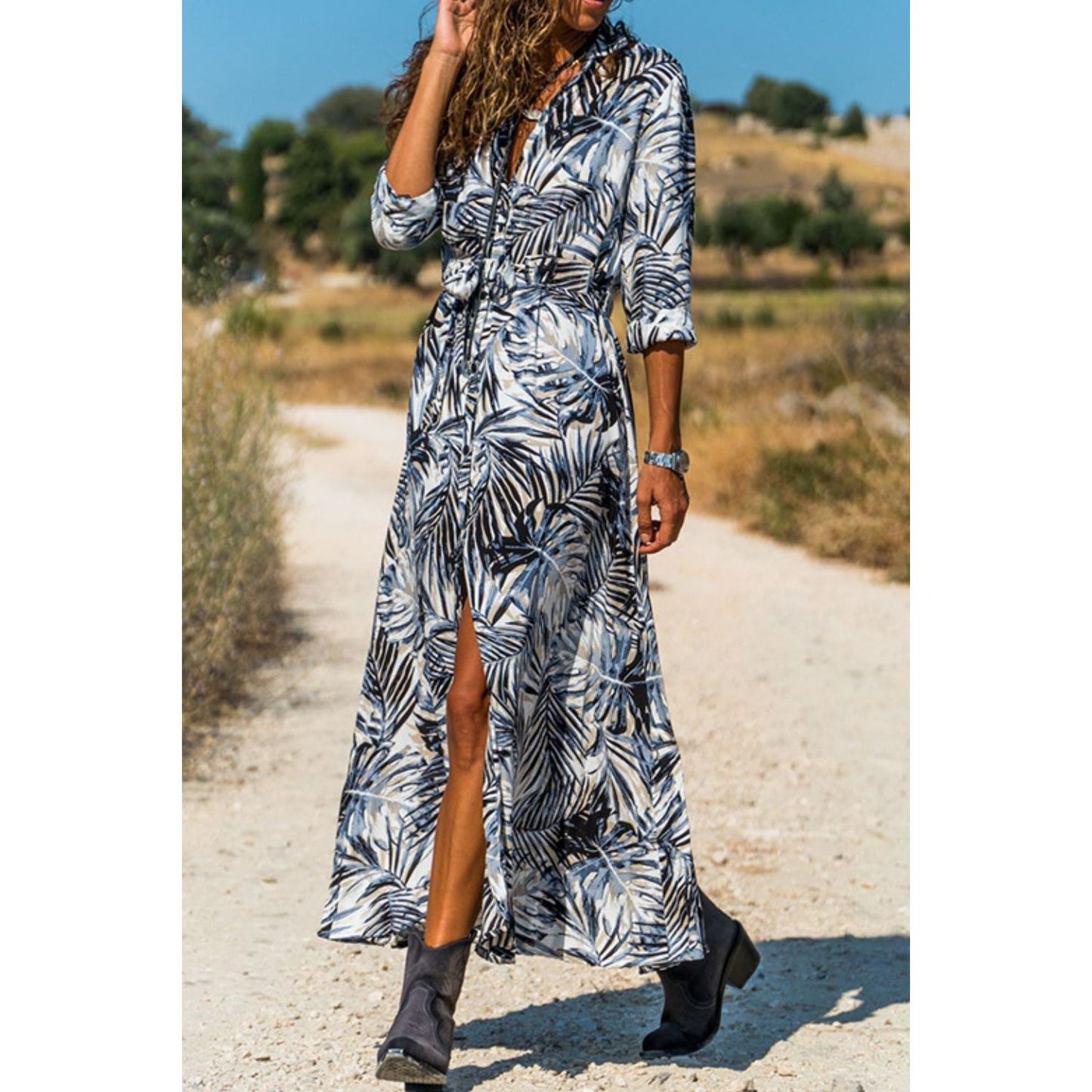 Botanical Print Maxi Shirt Dress