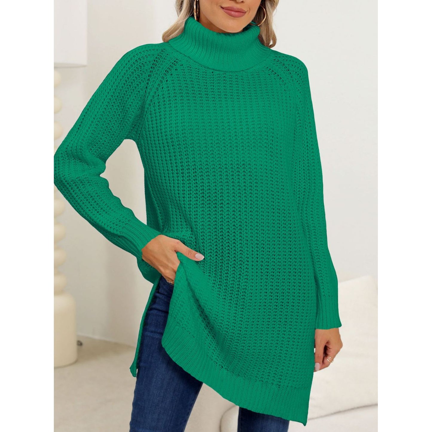 Slit Turtleneck Long Sleeve Sweater