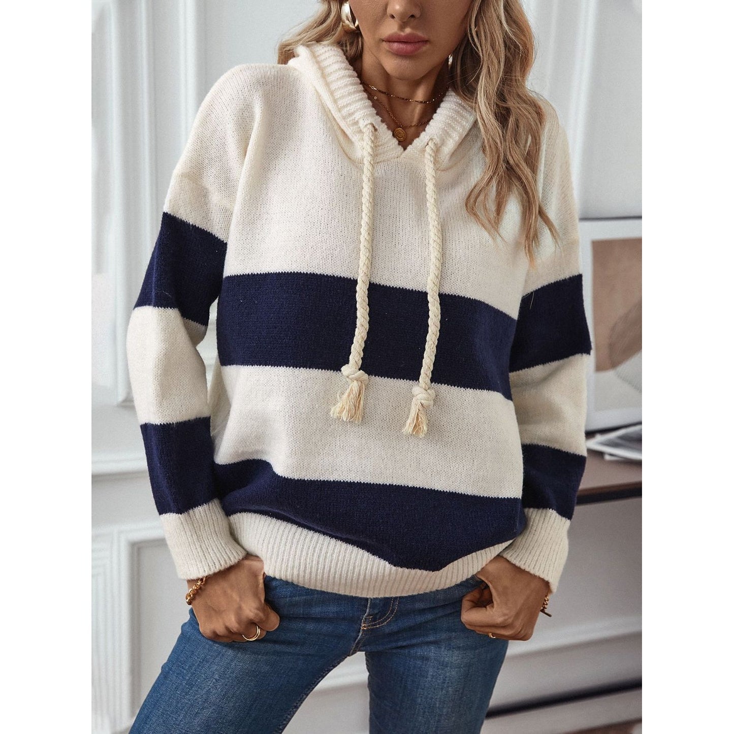 Drawstring Contrast Stripe Dropped Shoulder Hooded Sweater