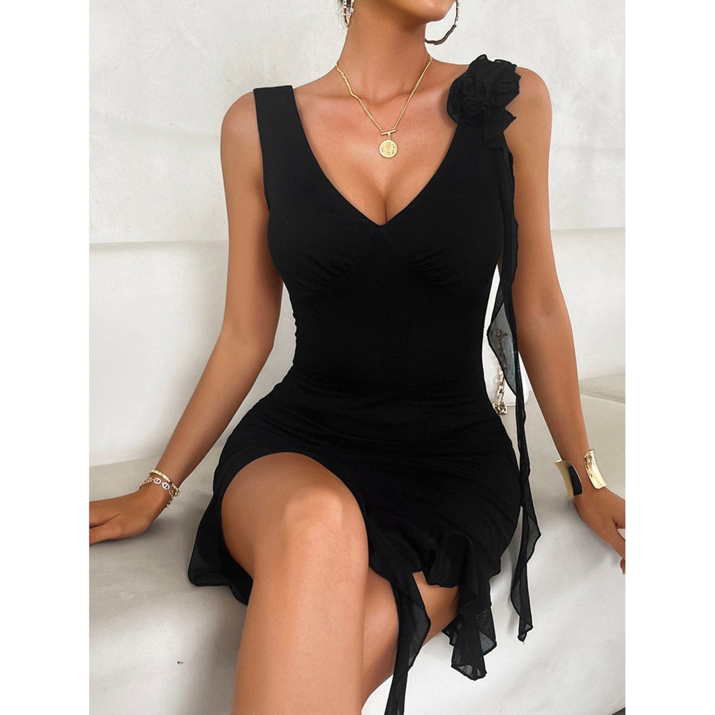 Devine Ruffled V-Neck Sleeveless Mini Dress