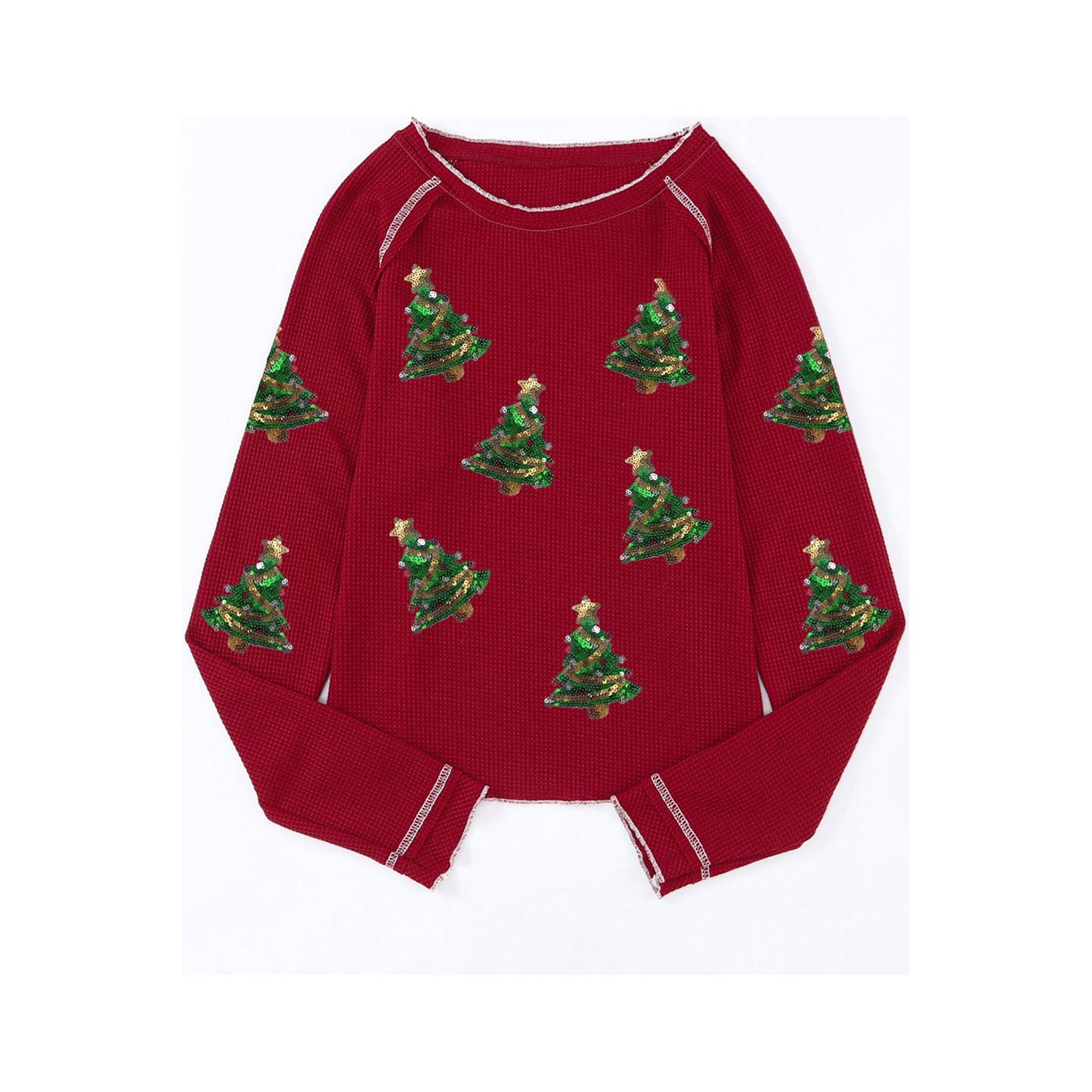 Christmas Tree Sequin Waffle Knit Long Sleeve Sweatshirt