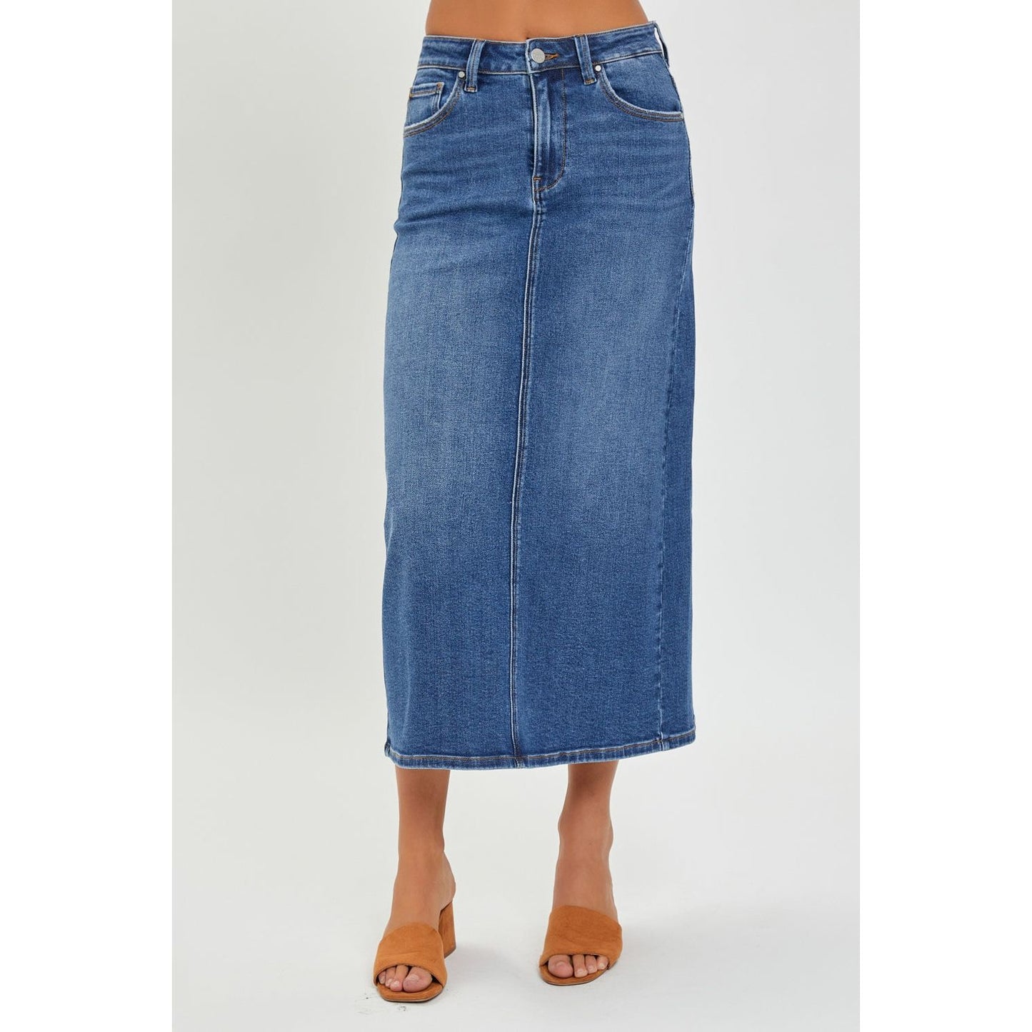 RISEN High Rise Back Slit Denim Skirt