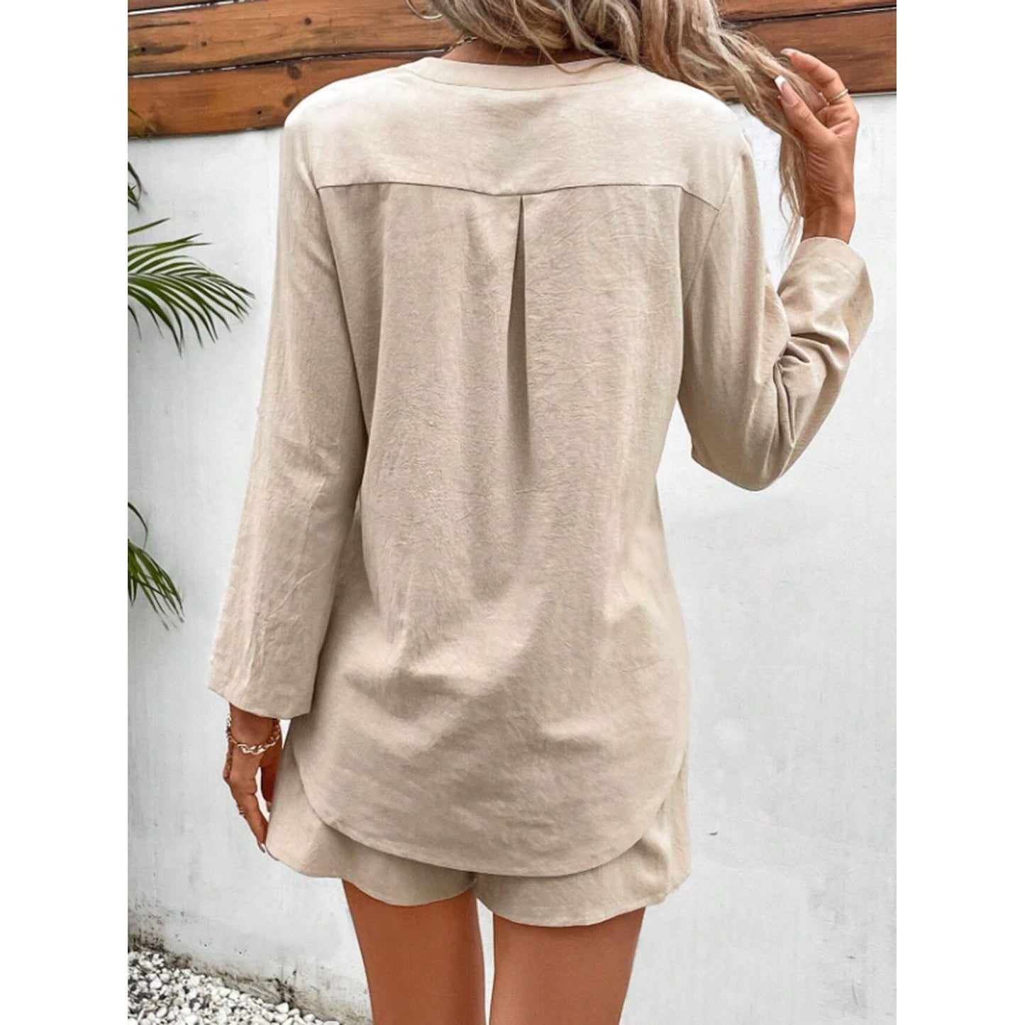 Notched Long Sleeve Top and Shorts Set