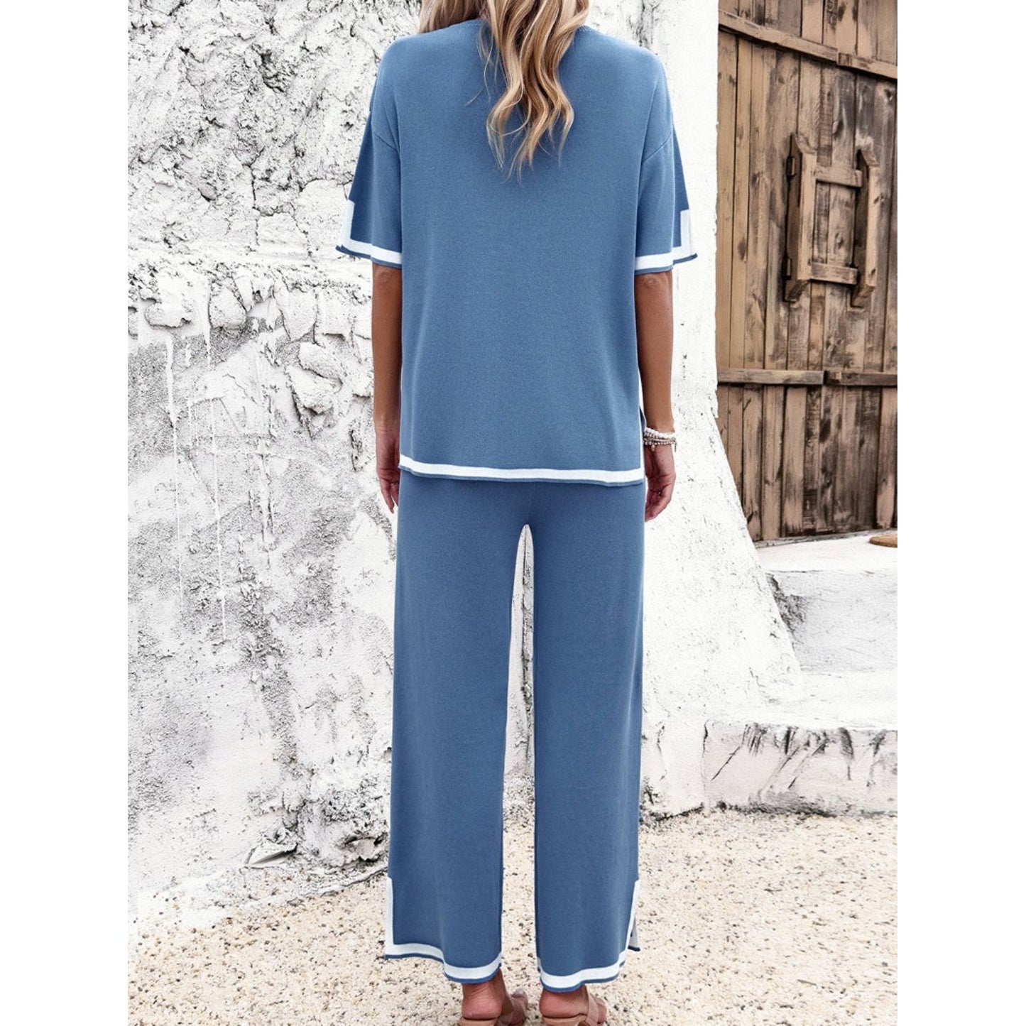 Contrast Trim Round Neck Top and Pants Set