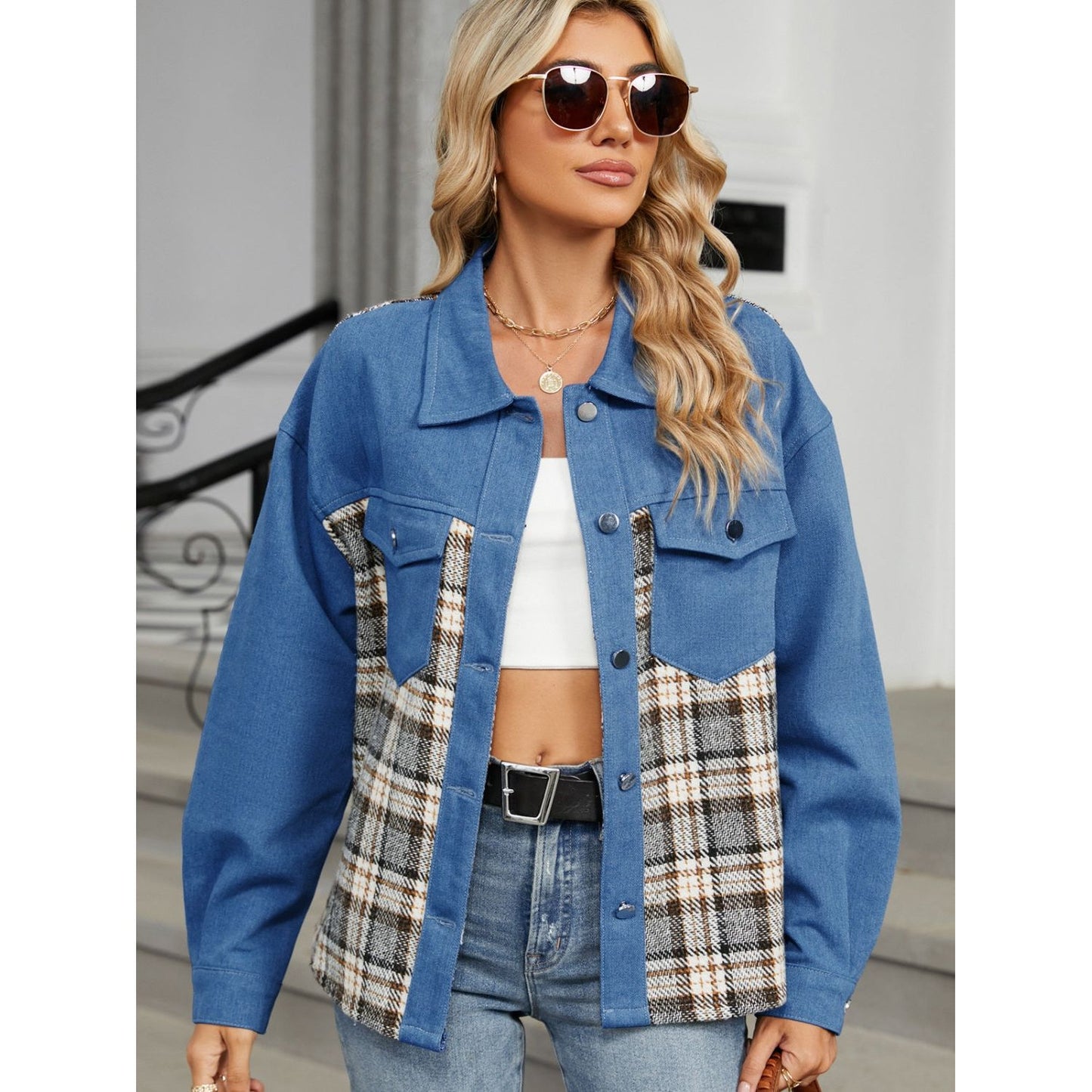 Plaid Button Up Long Sleeve Denim Jacket